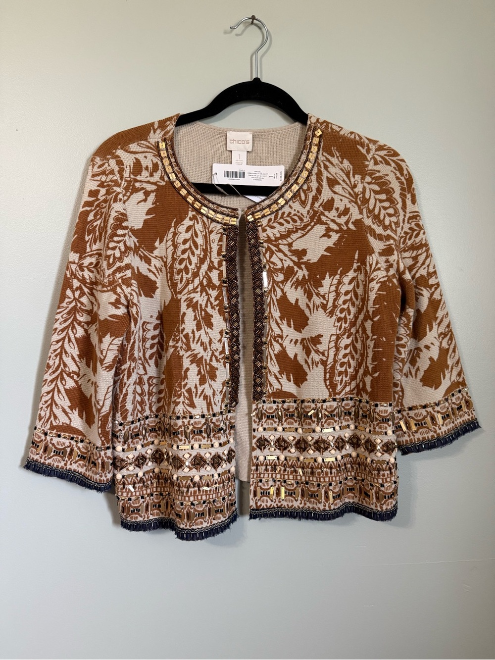 Chico's Travelers Beaded Jacket NWT Caramel Brown Damask Open Front Cardigan 1 P
